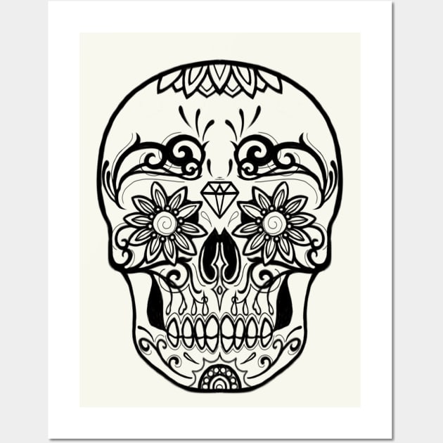 Sugar Skull Black and White Line Drawing Wall Art by ckandrus